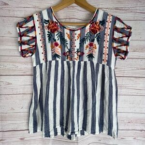 THML Floral Embroidered Top Blouse Sz XS Cap Sleeve Stripes Boho Hippie